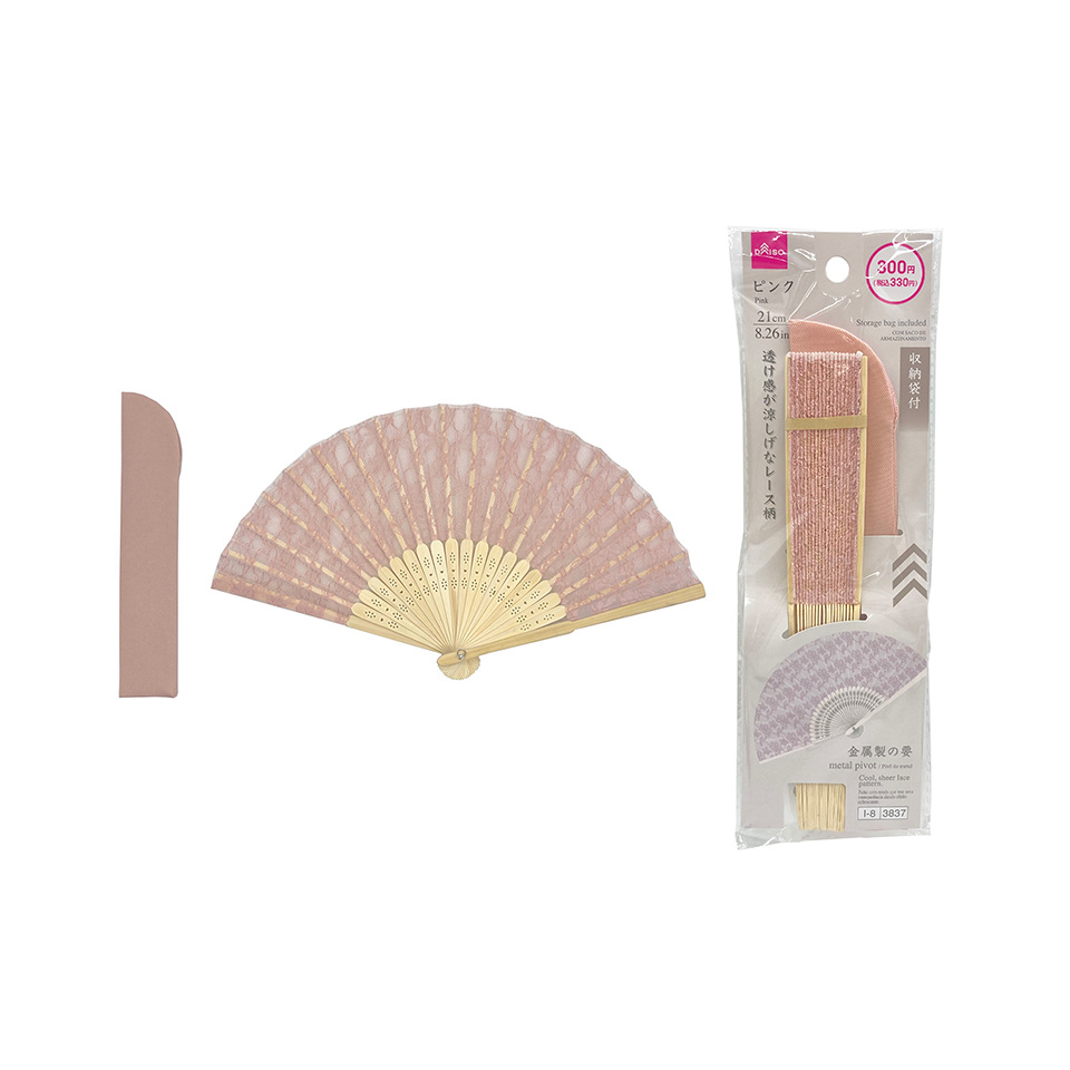 Lace Folding Fan with Storage Bag Pink 21cm