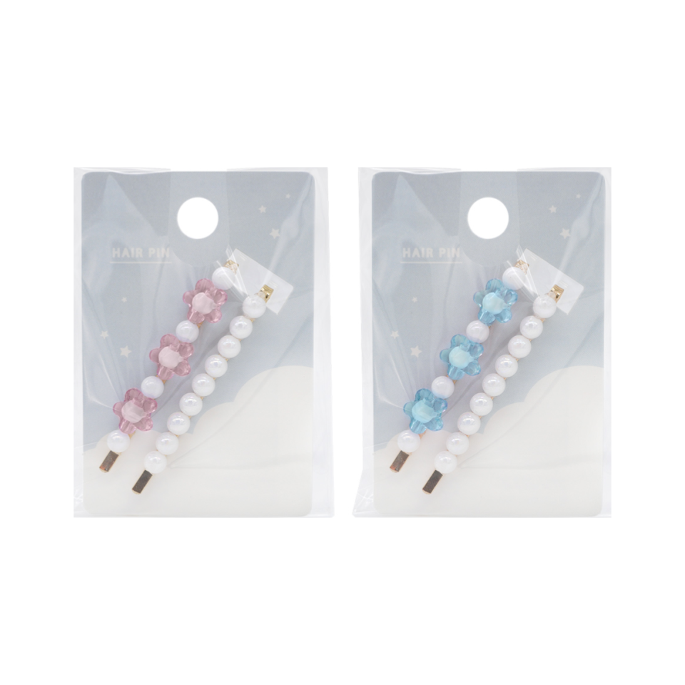 Flower Beads Hair Pin Set Pink/Blue