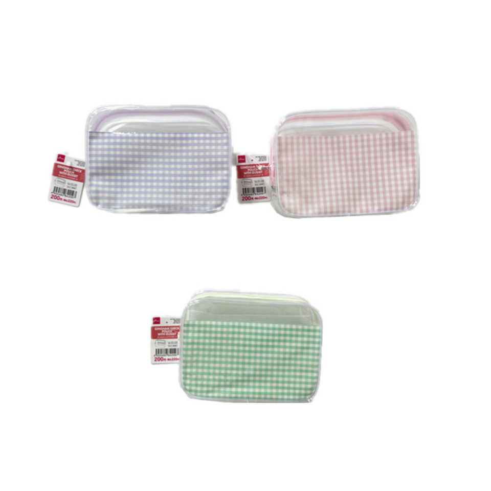 Gingham Check Pouch with Gusset Mesh Pocket Green/Purple/Pink