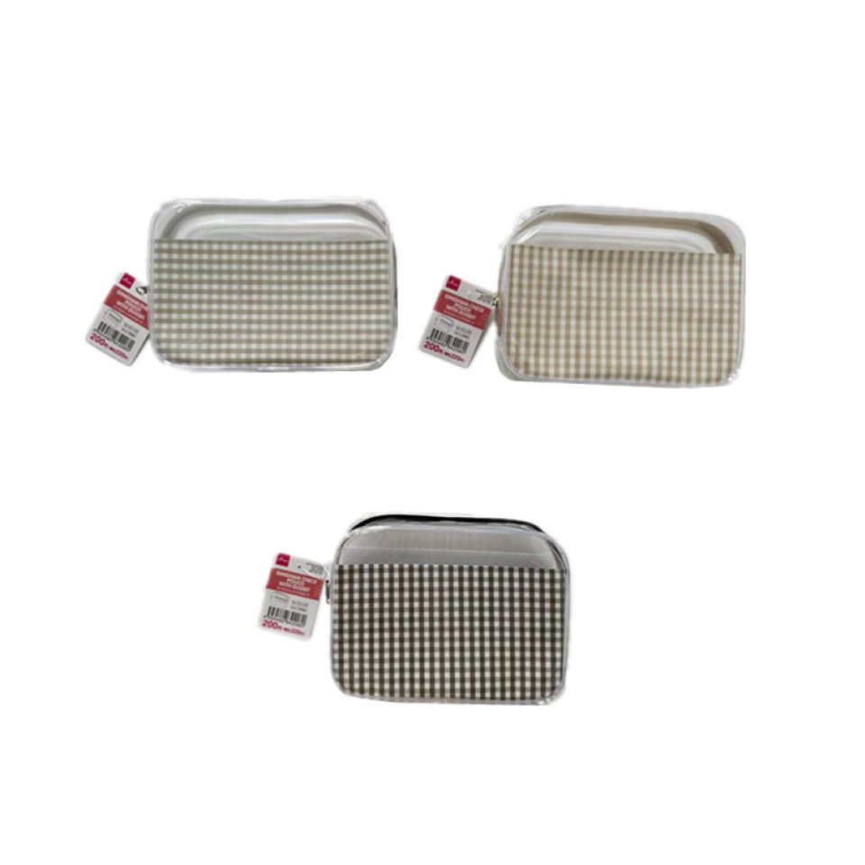 Gingham Check Pouch with Gusset Mesh Pocket Black/Beige/Gray