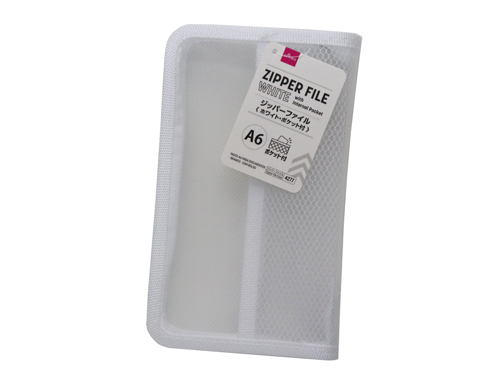 A6 Zipper File with Internal Pocket White