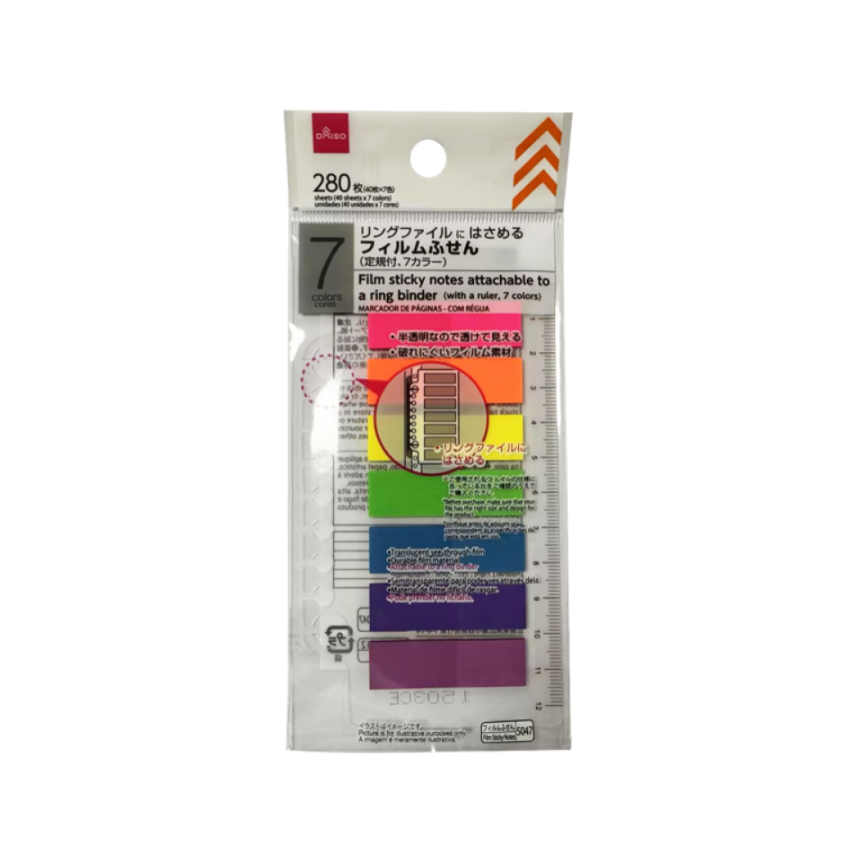 Film Sticky Notes Attachable to Ring Binder with a Ruler 7 Colors