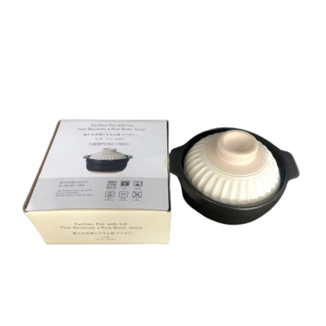 Earthen Pot with Lid That Becomes A Rice Bowl 17cm Ivory