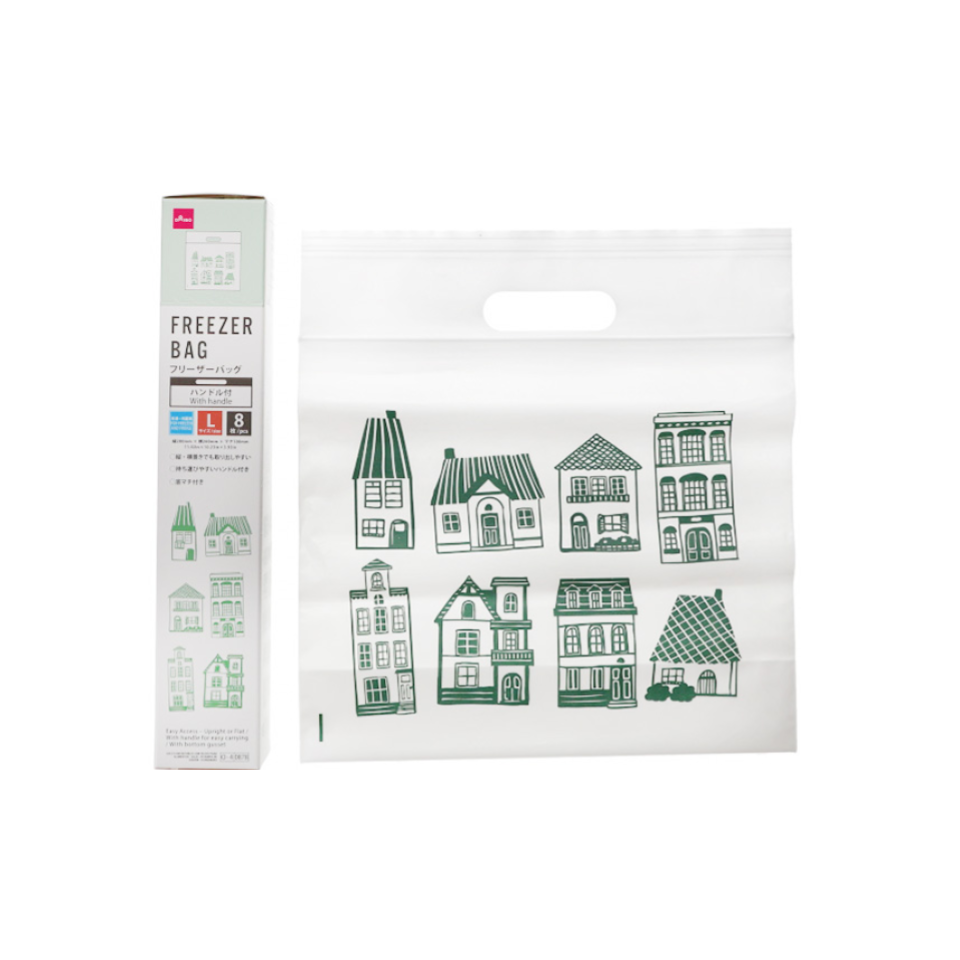 Gusseted Single Zip Freezer Bag Handle Town Pattern 28cm x 26cm x 10cm