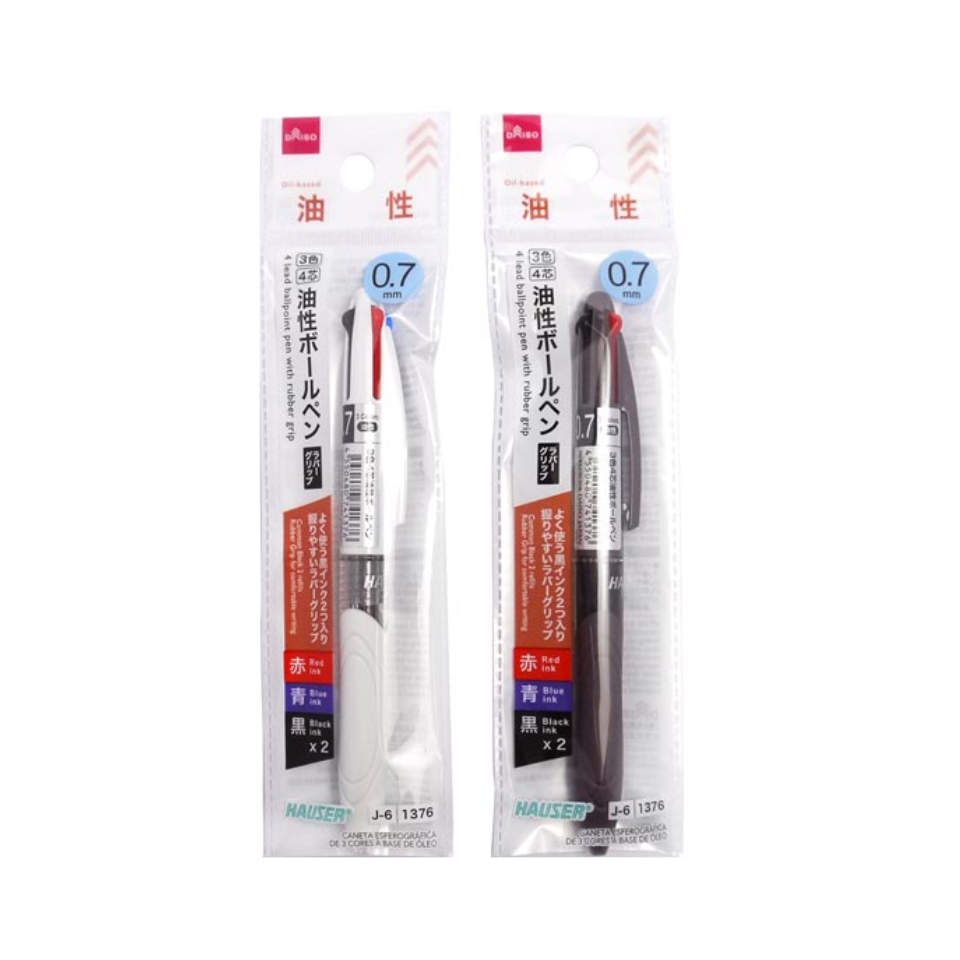 4 Lead Ballpoint Pen with Rubber Grip 3 Colors 0.7mm Black/Blue/Red