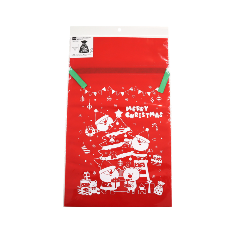 Non-Woven Drawstring Bag Happy Christmas Red 30cm x 50cm x 10cm